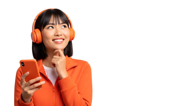 Asian Girl Enjoying Music on Headphones Mobile Cell Phone Technology Connection
