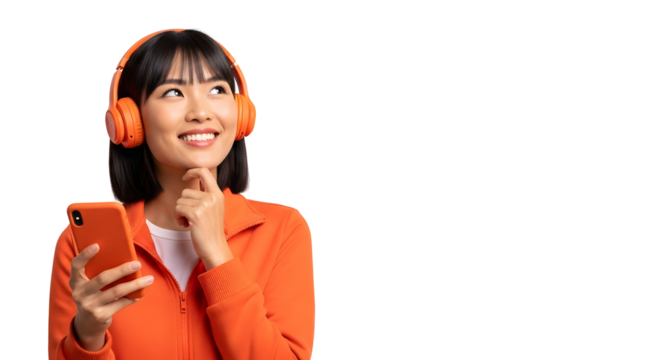 Asian Girl Enjoying Music on Headphones Mobile Cell Phone Technology Connection