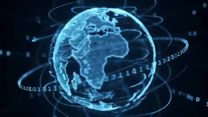 Blue digital globe with binary code and orbits - Powered by Adobe