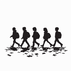 Group of Students Walking in Line Silhouette Vector on white background