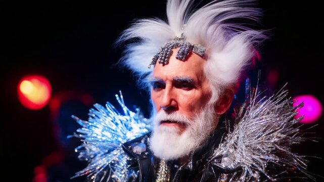 A Captivating Performance by a Charismatic Individual Dressed in Glorious Silver and Sparkling Attire, Enacting an Enigmatic Persona Amidst Dazzling Stage Lights and Energetic Atmosphere