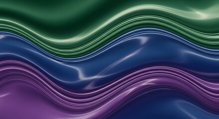 A vibrant and glossy abstract background featuring smooth, flowing undulating waves in rich green, deep blue, and luscious purple hues