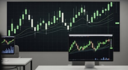 Large Screen Displaying Candlestick Financial Chart and Real-Time Market Data with Multiple Monitors in a Modern Trading Office