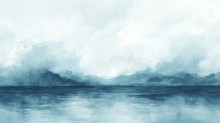 Obraz premium Misty Mountain Range Over Water; Peaceful Landscape; Background for Relaxation; Suitable for Calm Wallpaper