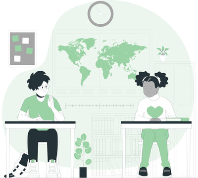 Children in classroom with world map and books studying geography Keywords: classroom, school, education, learning, children, kids, students, geography, world map, desks, books, plants, clock