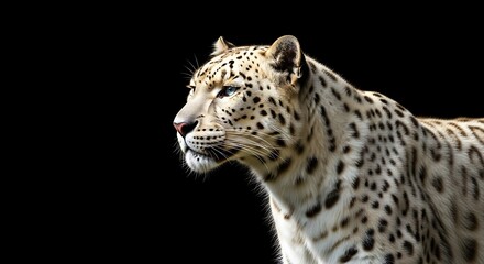 Naklejka premium A hyper-realistic portrait of a white leopard with pale cream fur covered in soft golden-brown spots, gazing gracefully to the side.