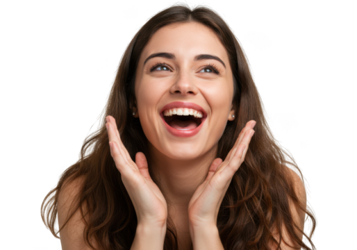 Joyful young woman with wide smile and hands on cheeks expressing delight transparent background