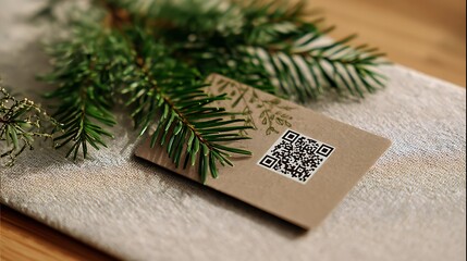 Close up of qr code on card with pine branch on white towel