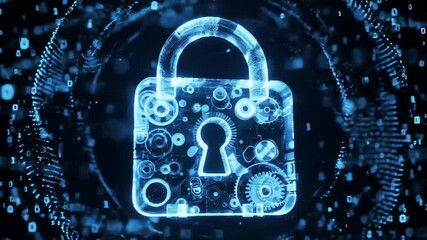 Futuristic digital padlock with glowing blue circuitry on a binary code background - Powered by Adobe