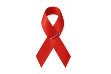 Red ribbon with a safety pin symbolizing global aids and hiv awareness, representing support and solidarity on a transparent background