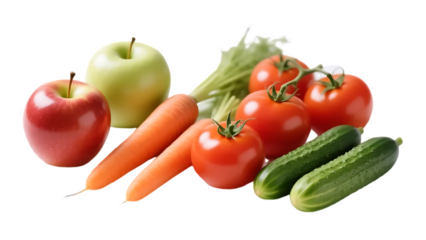 AI generated Fresh Cucumber, Carrot, Tomato, and Apple on Transparent Background , Healthy Food Composition.