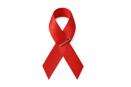 Red ribbon with a safety pin symbolizing global aids and hiv awareness, representing support and solidarity on a transparent background