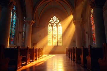 Obraz premium Sunbeams Dance in Chapel Stained Glass Illuminates Dust Motes, Peaceful Contemplation