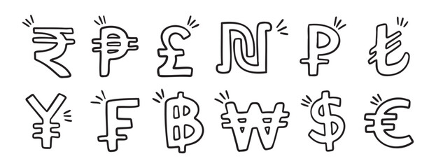 currency hand drawn doodle symbol set. Outline drawing different currency stroke line clipart symbol collection