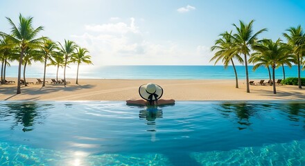A woman with a sun hat relaxes in an infinity pool facing the ocean instead of a city skyline.