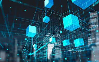 Floating blue cubes and interconnected lines in a digital style over a blurred city background, representing a futuristic blockchain technology concept