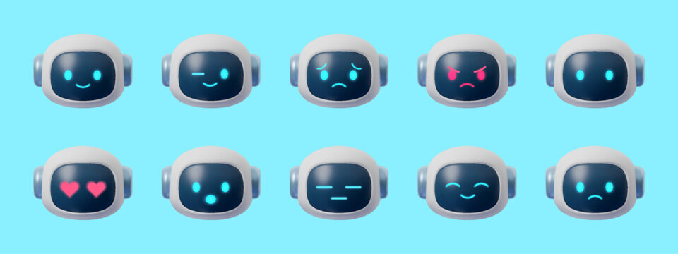 3D robot emoji set with multiple emotions and expressions. Futuristic AI chatbot mascot icons, cute cartoon digital assistant faces isolated on white background for modern design and technology