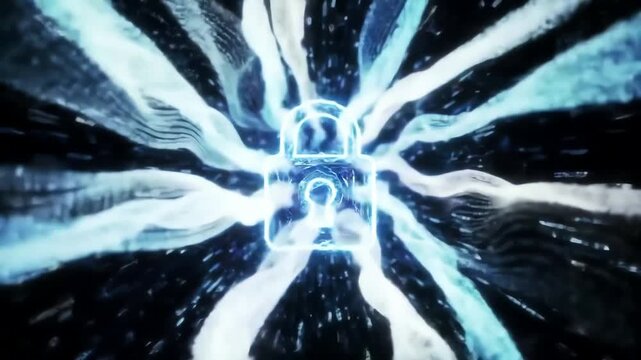 Glowing padlock in a futuristic abstract blue and white energy field