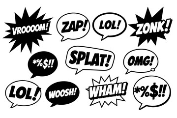 A black and white comic speech bubble pack vector with popular sound effects and text like ZAP!, LOL!, SPLAT!, and OMG!