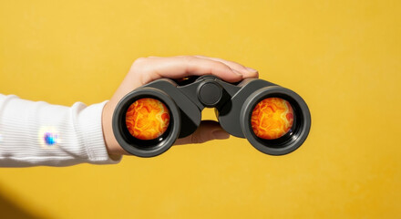 Binoculars Reflecting Fiery Skies: Hand Holding Optics Against Yellow Background Revealing Solar Imagery in Lens, Exploration Concept