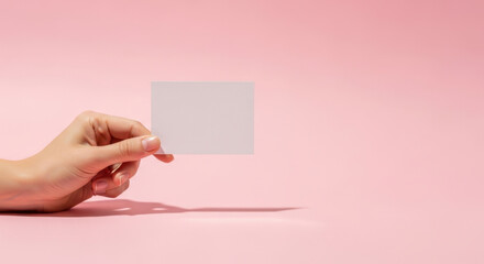 Blank Card Presentation: Hand Displaying Empty White Card on Soft Pink Background for Message, Invitation, or Promotion