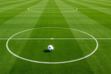 A classic black and white soccer ball rests at the center of a perfectly striped green football field.