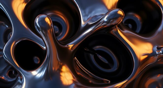 Viscous dark metallic liquid with swirling organic forms and reflections of warm light, creating a surreal and futuristic texture