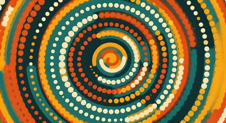 Abstract retro background featuring a hypnotic spiral of colorful dots in warm, earthy tones, creating a dynamic and energetic visual effect