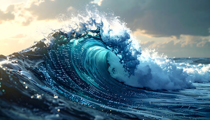 A close-up view of a large ocean wave cresting, with sunlight illuminating the water with digital coding numbers across its surface like holographic data, creating a futuristic fusion