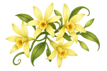 Obraz premium Vanilla orchids cluster with green leaves, yellow petals, and curled vines on a transparent background