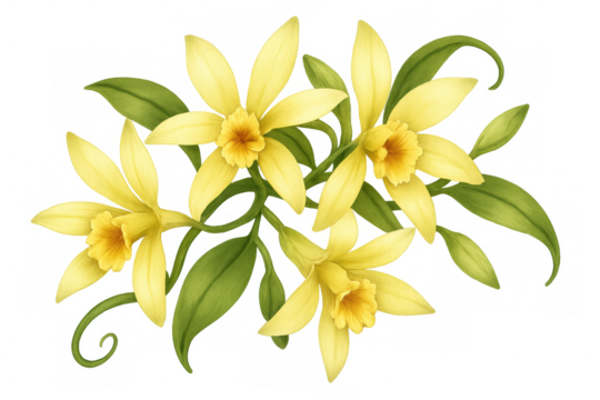 Vanilla orchids cluster with green leaves, yellow petals, and curled vines on a transparent background