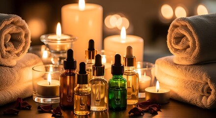 Aromatherapy essential oils in glass bottles with droppers, surrounded by lit candles and rolled towels for a spa-like experience