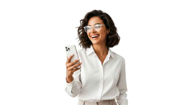 Happy Business Woman Using Smartphone Mobile Cellphone Tech Communication