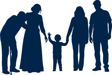 Diverse family silhouette group standing together holding hands with a child in center silhouette