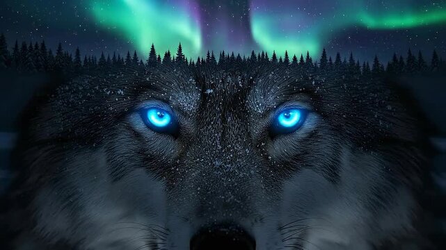 Intense Wolf Stare: Hypnotic Blue Eyes and Arctic Fur Under Vibrant Aurora Borealis in a Snowy Winter Forest Night
