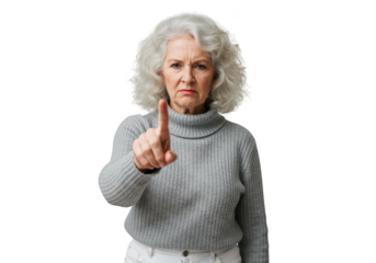 Elderly woman pointing finger isolated on transparent background