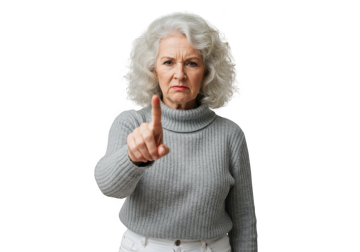 Elderly woman pointing finger isolated on transparent background