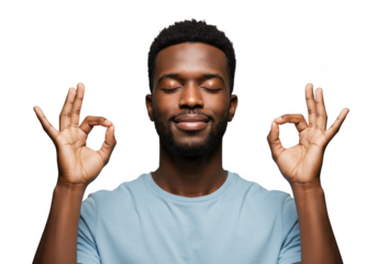 Man meditating with eyes closed isolated on transparent background