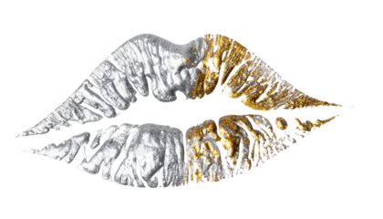 A striking depiction of stylized lips adorned with silver and gold textures.