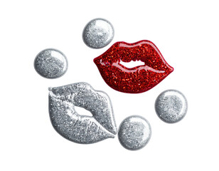 Glittery lip prints in red and silver with circular embellishments.