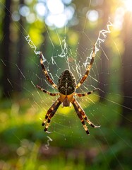 Obraz premium A large spider rests in the center of its web amidst the green foliage