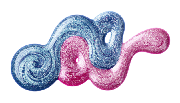 A vibrant, swirling mixture of blue and pink slime with a glossy, shimmering texture.