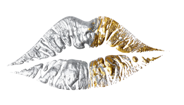 A striking depiction of stylized lips adorned with silver and gold textures.