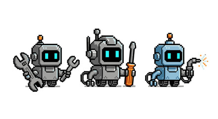 Pixelated robot characters with tools like wrenches and screwdrivers, showcasing a theme of repair and construction in a retro style