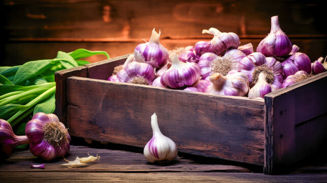 Various types of garlic cloves are stylishly arranged in a wooden box filled with straw, exuding a rustic vibe enhanced by soft glowing lights in the background.