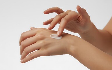 Woman applying cream on her hand isolated on white background