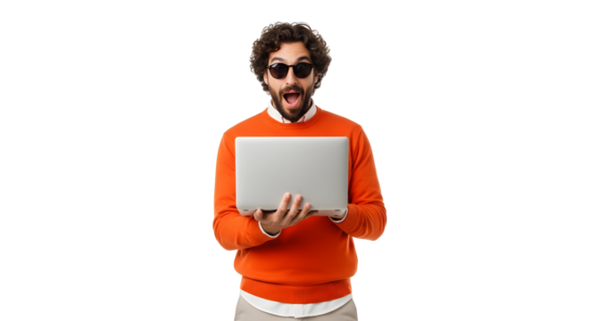 Laptop Guy Surprised By Online News. Man Finds Unexpected Success On His Computer.  Amazement, Shock, Wonder