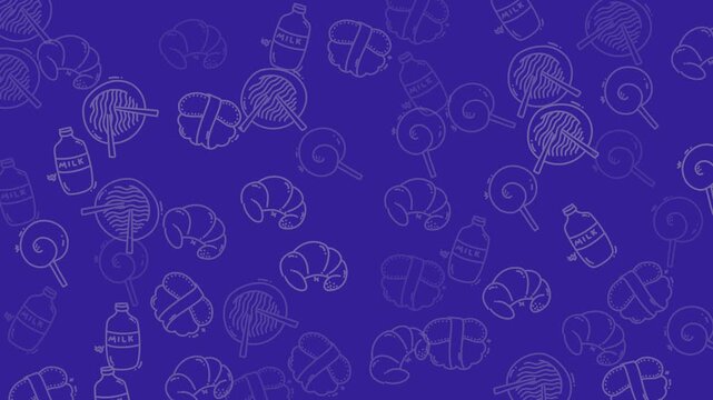 Repeating pattern with croissants, lollipops, drinks on blue background perfect for food blogs, menus, and bakery websites.