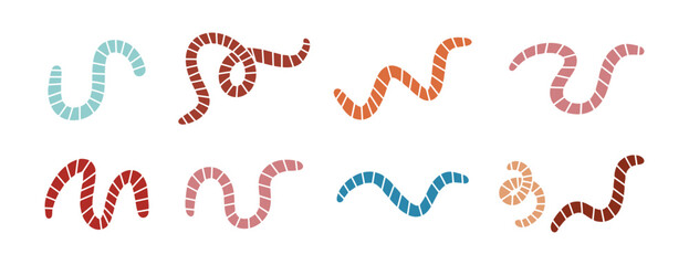cartoon cute worm or earthworm set icons. Colorful worms with stripes collection 
