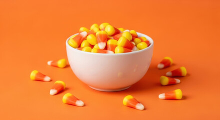 Bowl of Candy Corn on Orange Background Traditional Autumn Seasonal Treat Sweet Yellow and Orange Confectionery Delicious Halloween Candies
